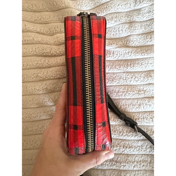 Coach Buffalo Plaid Red Black Leather Crossbody Camera Bag Gunmetal Hardware - Picture 7 of 13